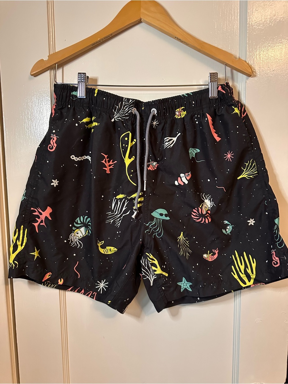 Men's Black Swim Trunks with Neon Marine Print